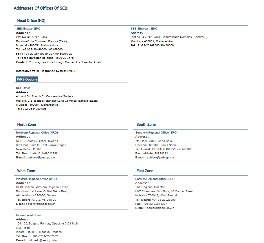 Addresses of offices of sebi